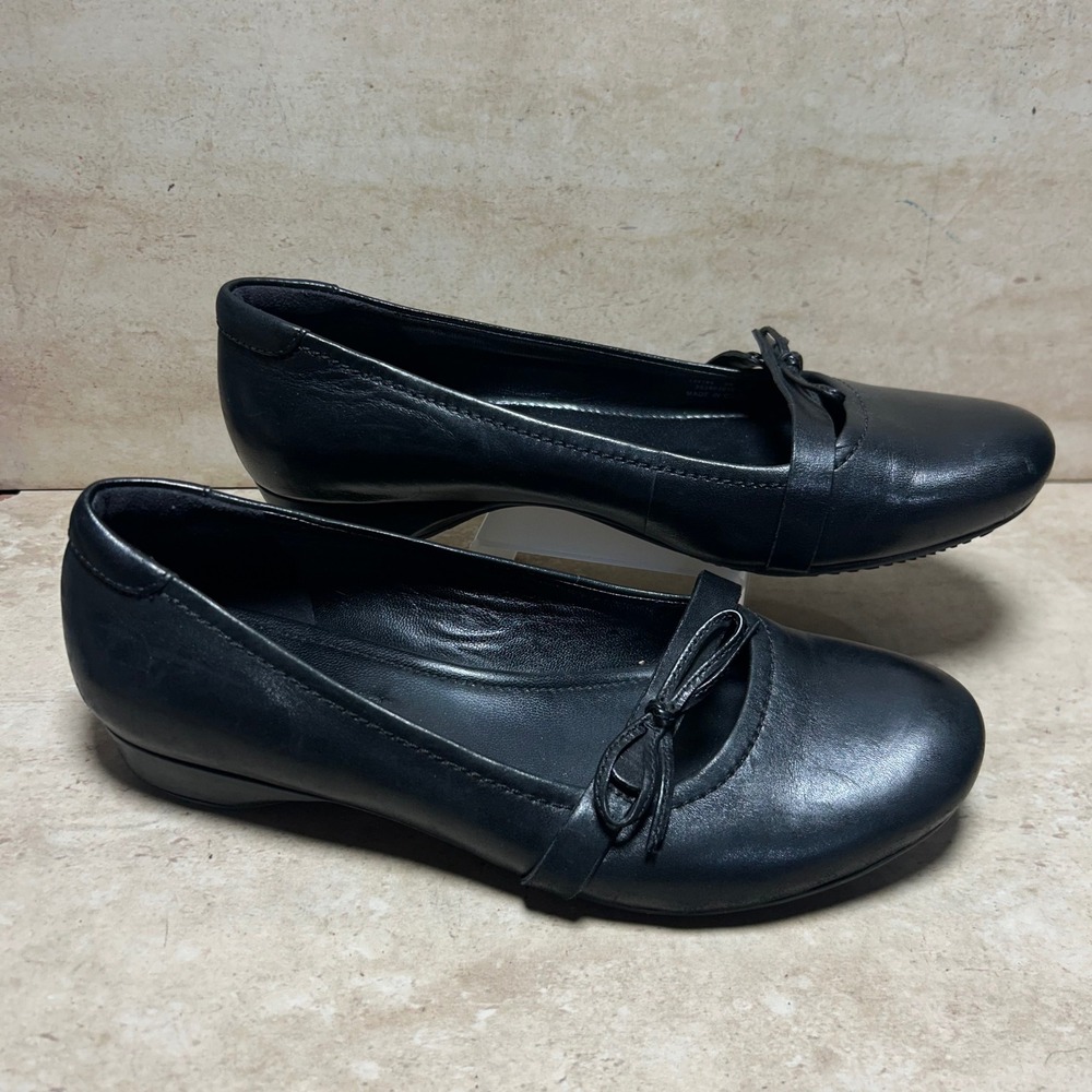 ECCO Black Leather Ballet Flats Bow Detail Round Toe Comfort Shoes Size 38